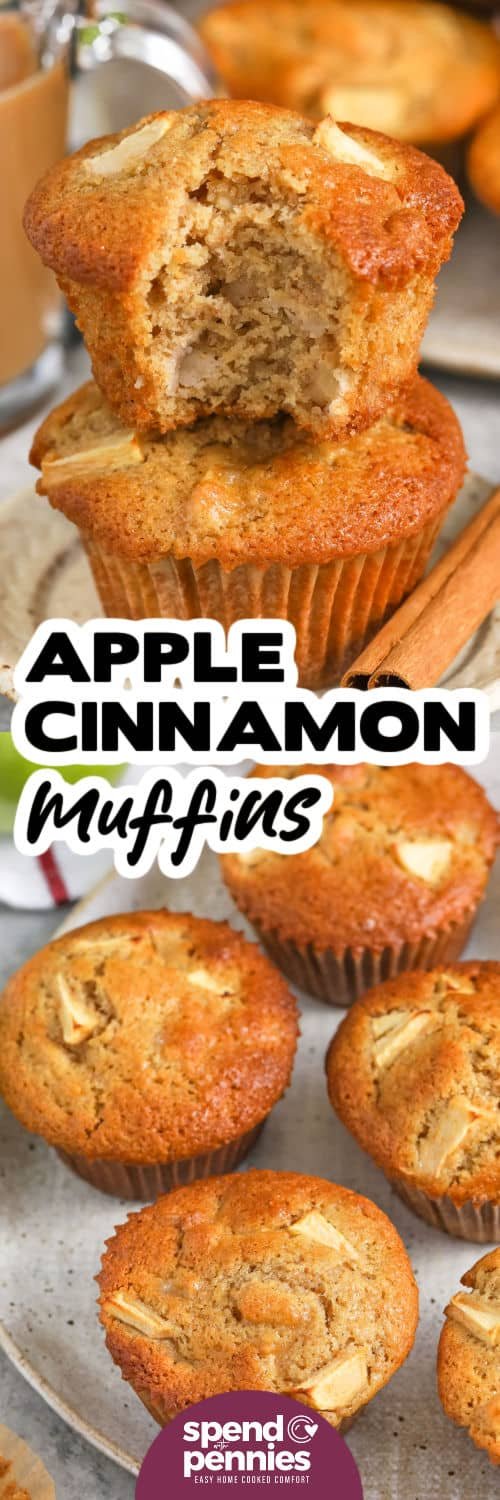 Apple Muffins on a plate and close up photo of a muffin with a bite taken out and a title