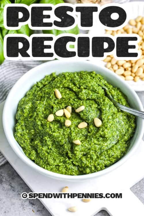 Pesto Recipe with pinenuts and a title