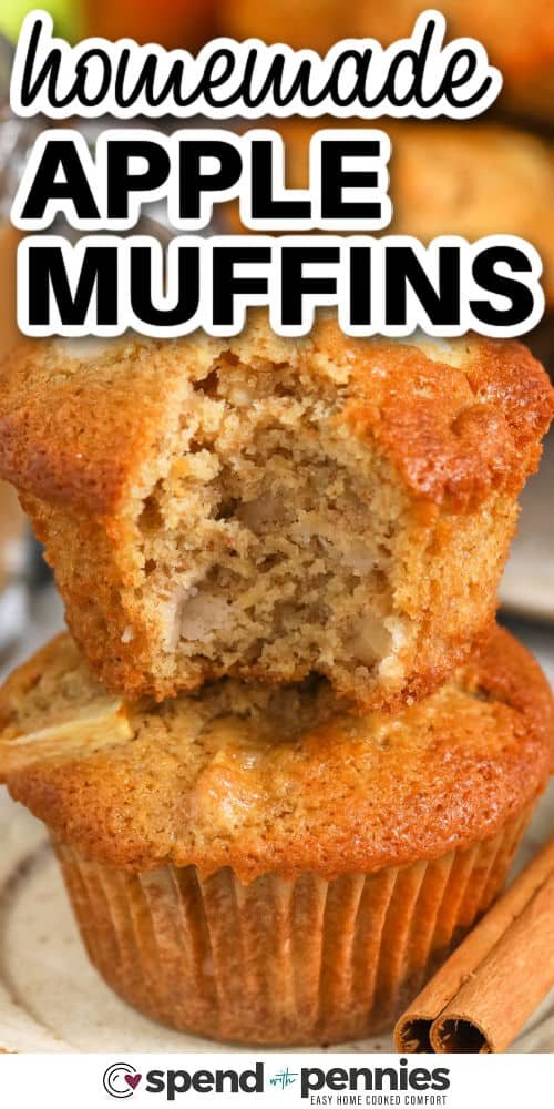 close up of homemade Apple Muffins with a title