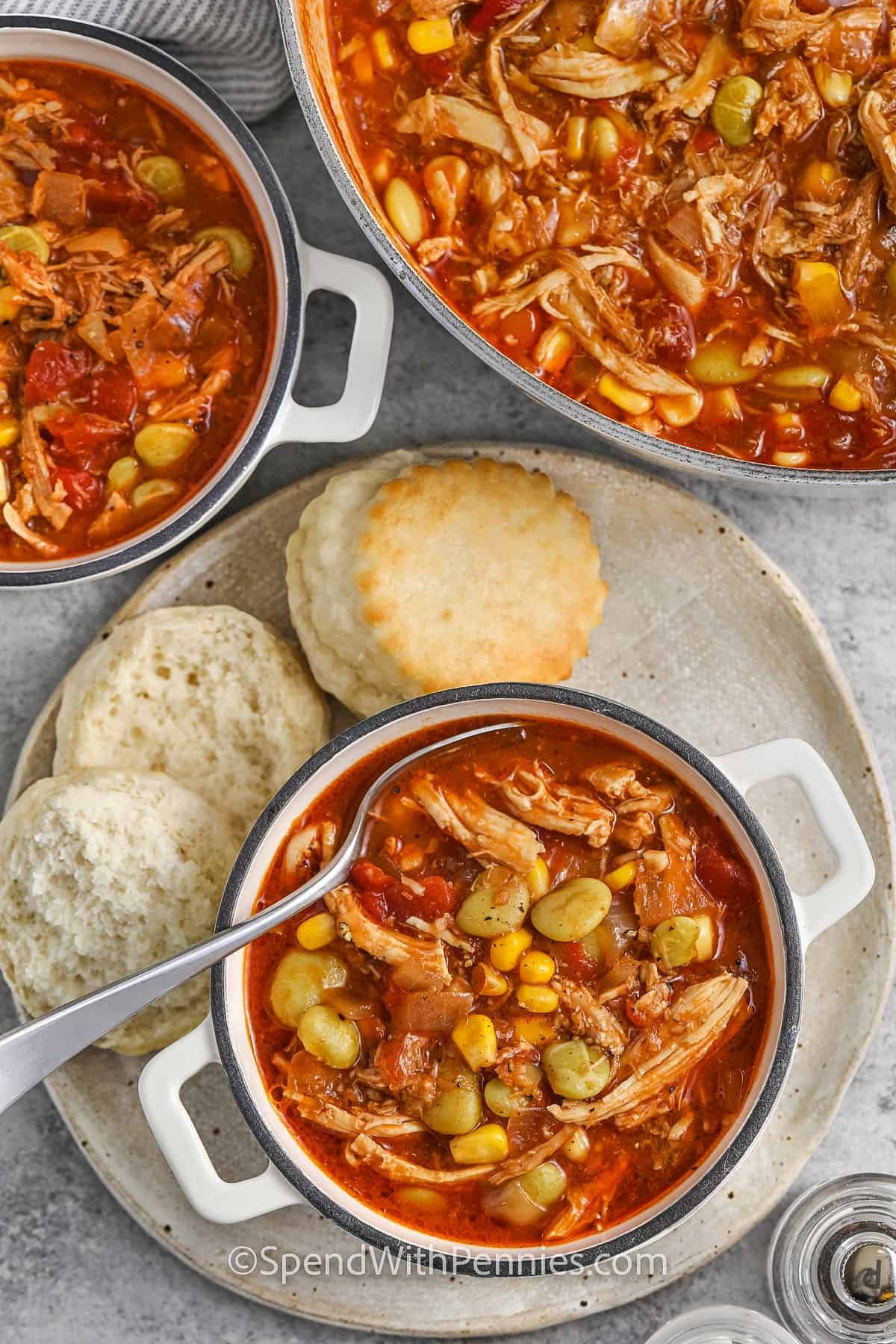 Brunswick Stew in a pot and in bowls