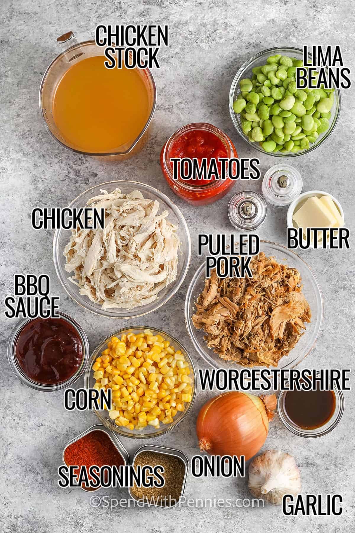 chicken stock , lima beans , diced tomatoes , butter , pulled pork , chicken , bbq sauce , corn , worcestershire sauce , onion , garlic and seasonings with labels to make Brunswick Stew