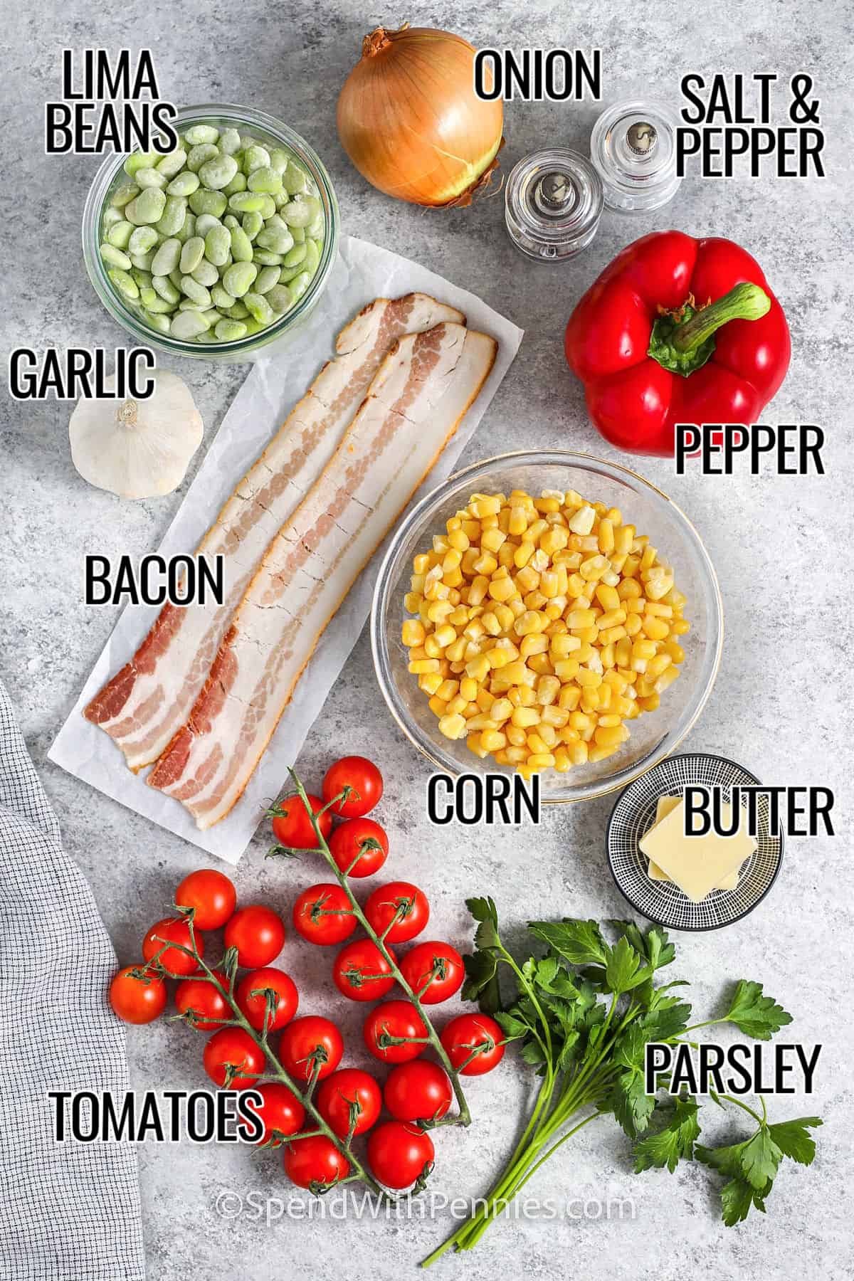 lima beans , onion , garlic , pepper , bacon , corn , butter , tomatoes , parsley , salt and pepper with labels to make Succotash