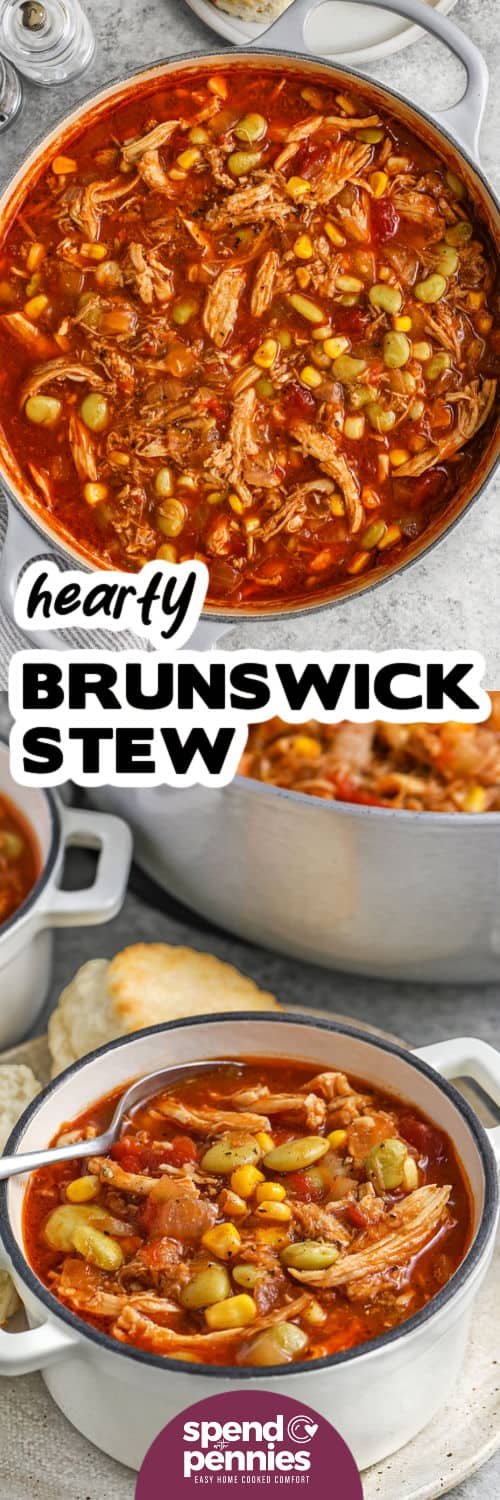 Brunswick Stew in a pot and in a bowl with a title