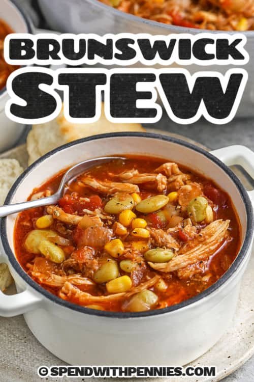 Brunswick Stew in a bowl with a spoon with a title