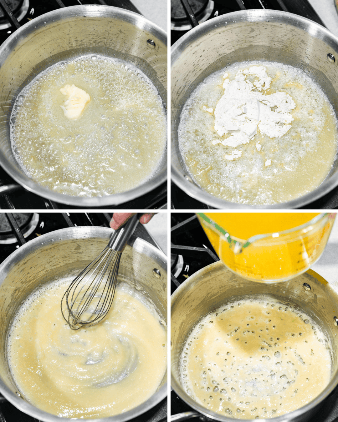 A collage of images showing 4 steps of making a roux for gravy.