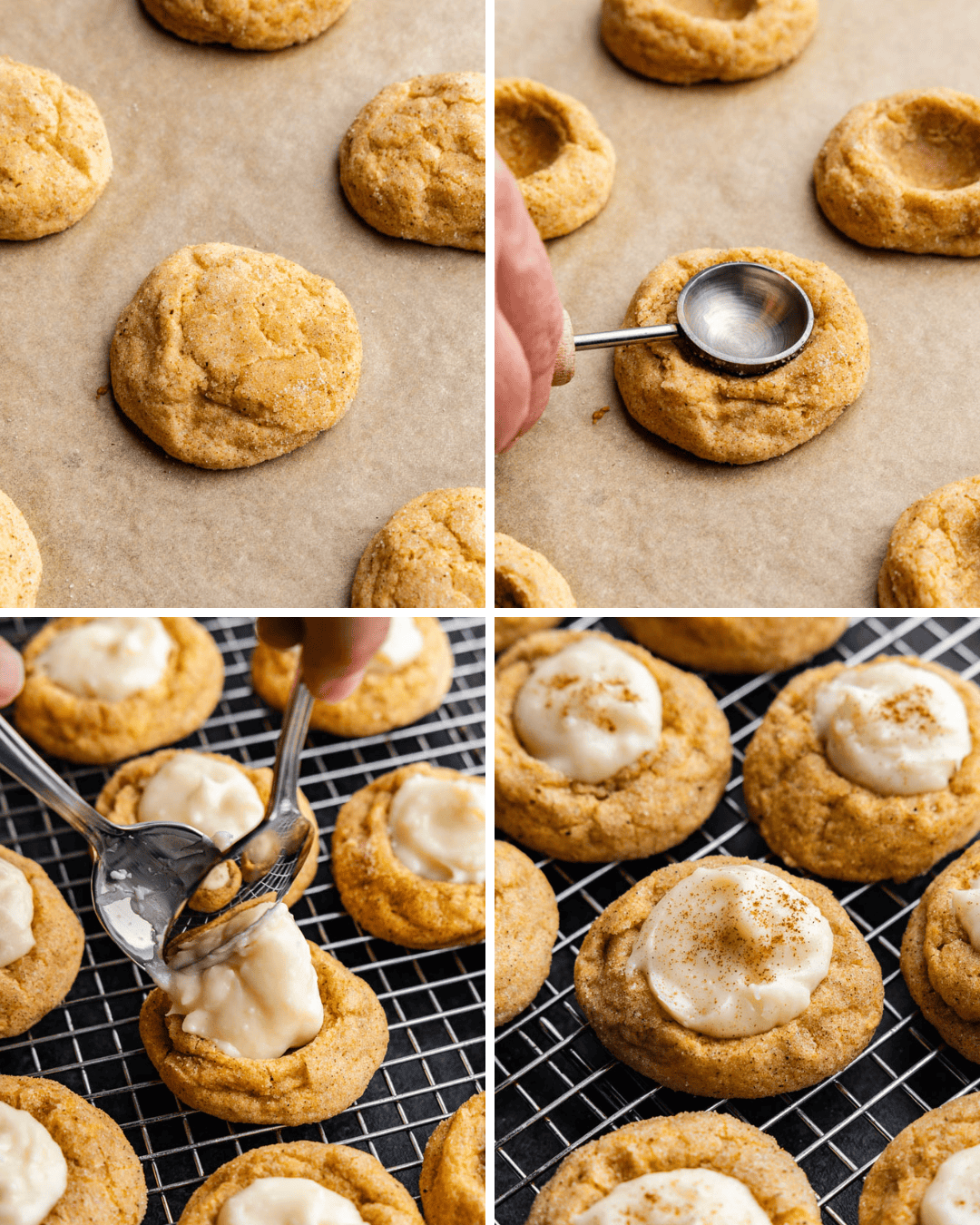 A collage of 4 images showing how to indent and fill pumpkin cheesecake thumbprint cookies.