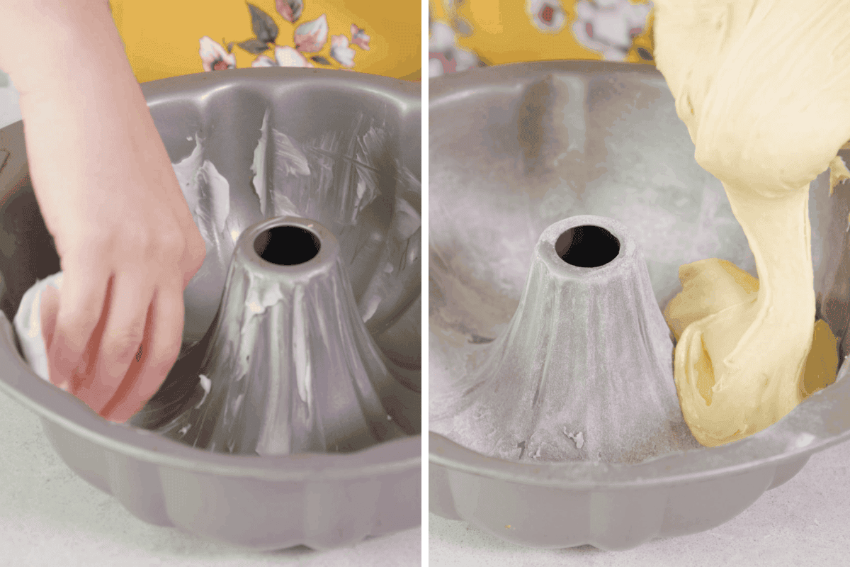 Side by side images of a bundt pan being greased, and another image showing the floured bundt pan with batter being poured in.