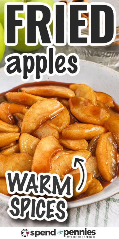 fried apples in a bowl with a title