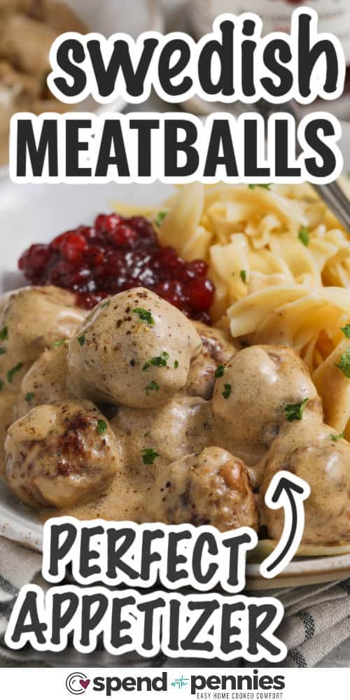 Swedish Meatballs on a plate with noodles and writing