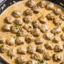 A skillet of Swedish meatballs in sauce