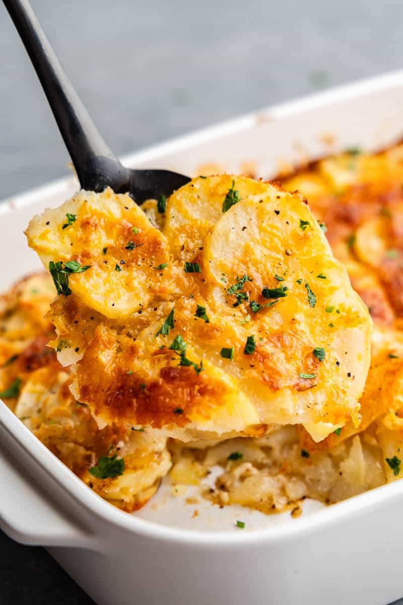 A spatula lifting a serving of cheesy scalloped potatoes out of the casserole dish.