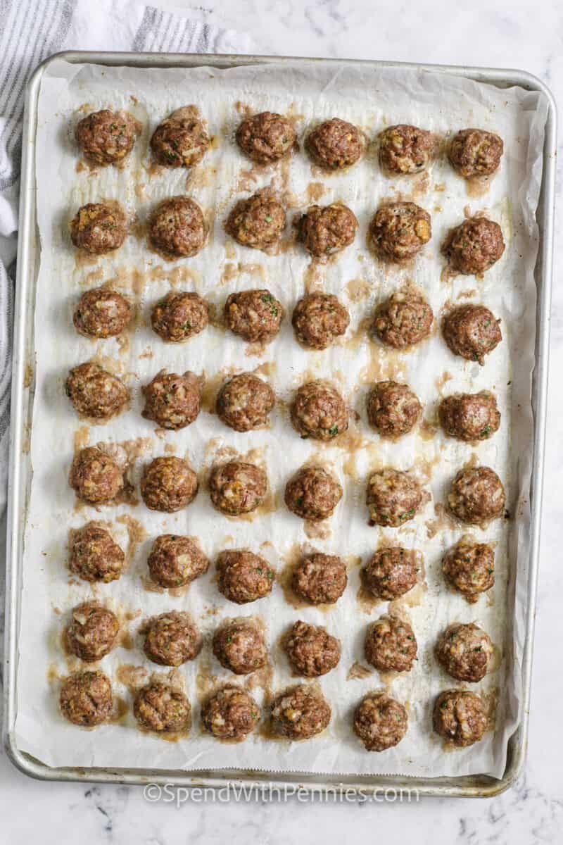 cooked Easy Meatball Recipe on a sheet pan