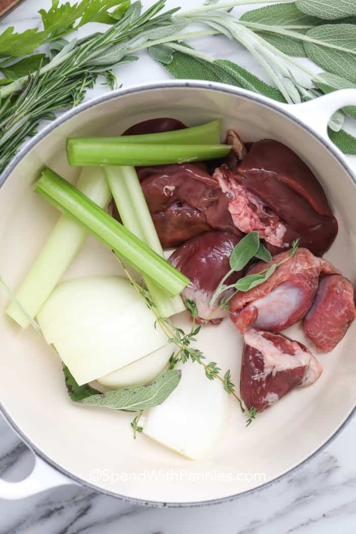 ingredients in pot to make Giblet Gravy