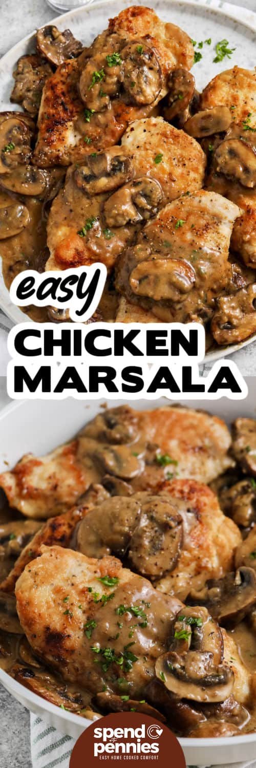 easy Chicken Marsala on a plate and close up photo with a title