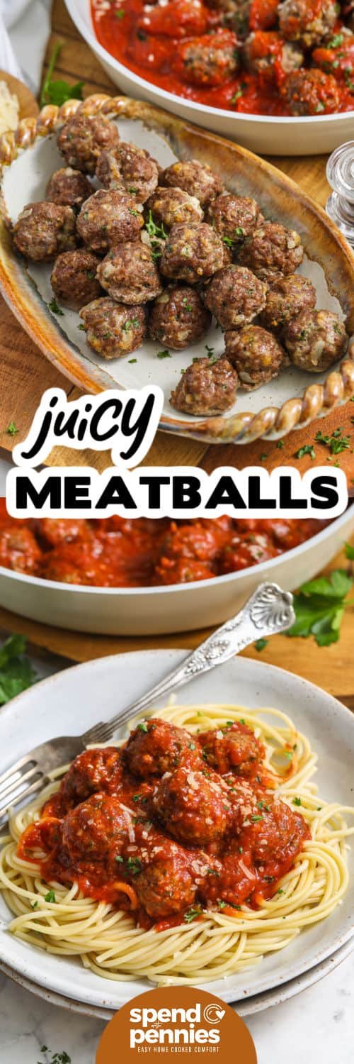 Easy Meatball Recipe cooked on a plate and plated with spaghetti with a title