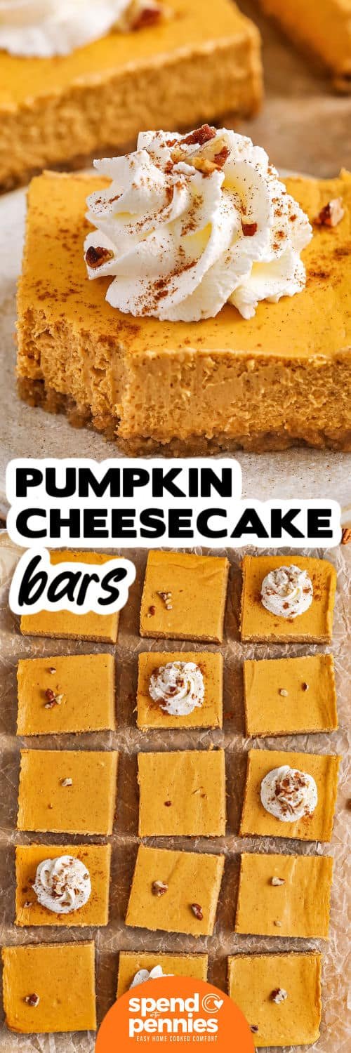 slices of Pumpkin Cheesecake Bars and plated dish with a title