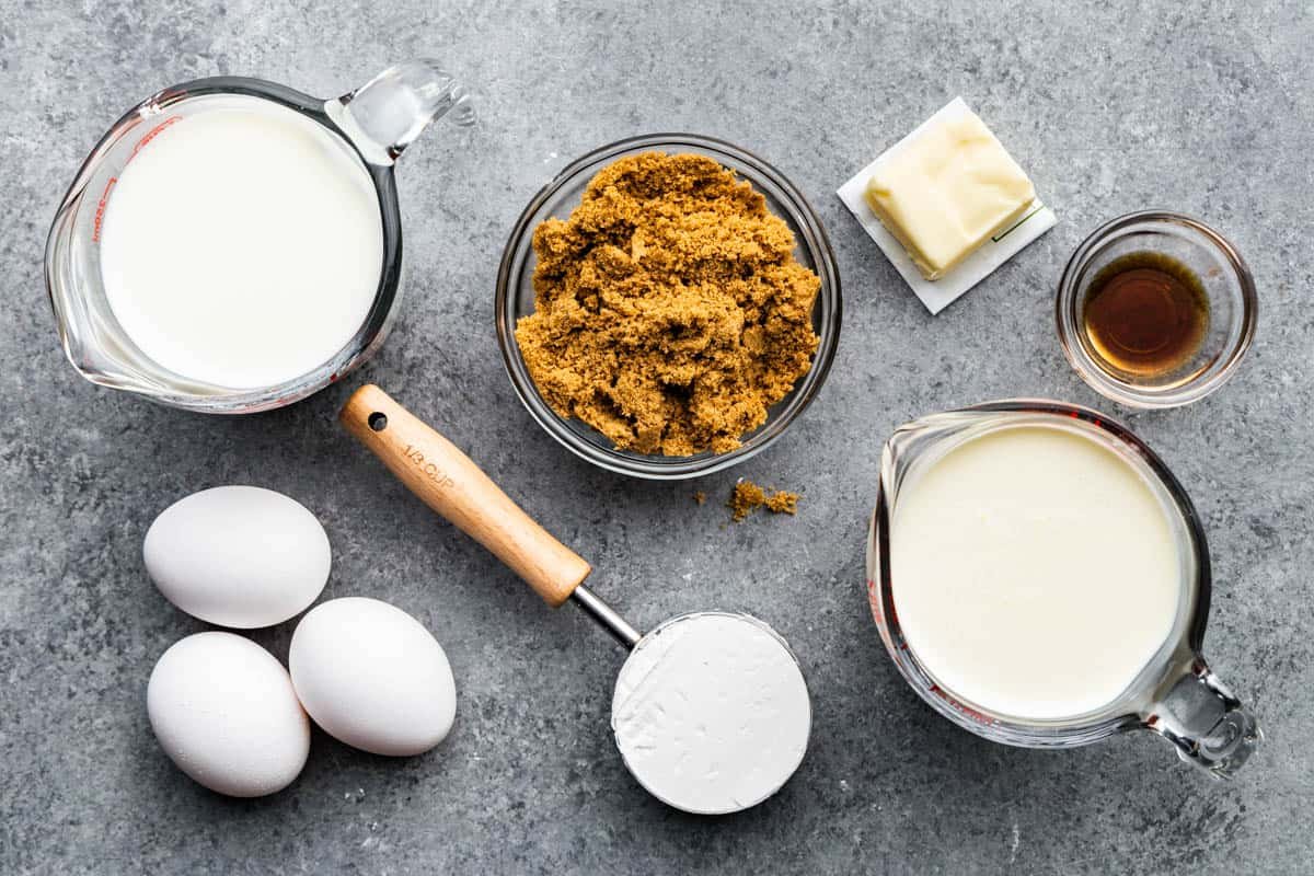 An overhead view of the ingredients needed to make homemade butterscotch pudding.