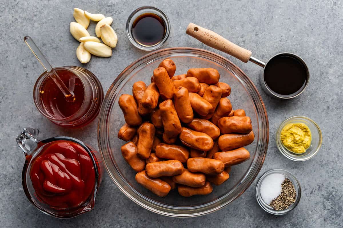 An overhead view of the ingredients needed to make hot honey garlic lil smokies.