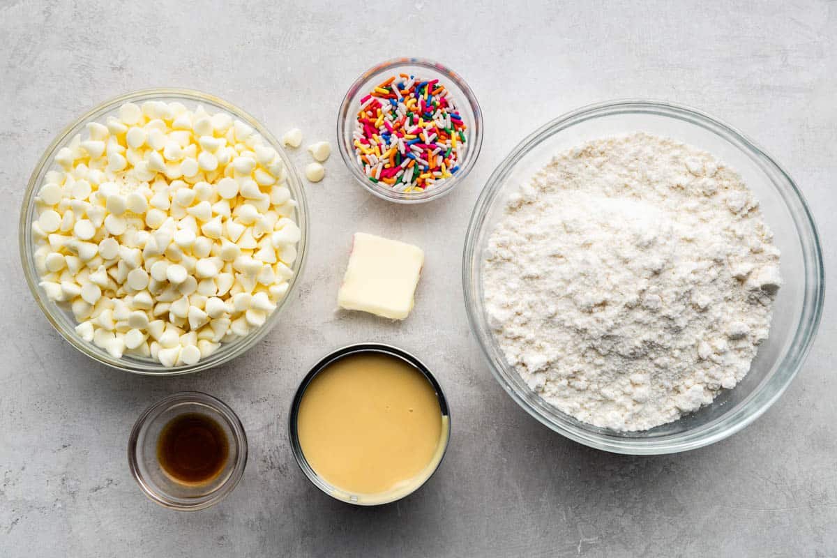 an overhead view of ingredients needed to make sugar cookie fudge