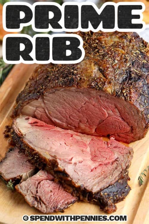 Prime Rib on a cutting board with a title