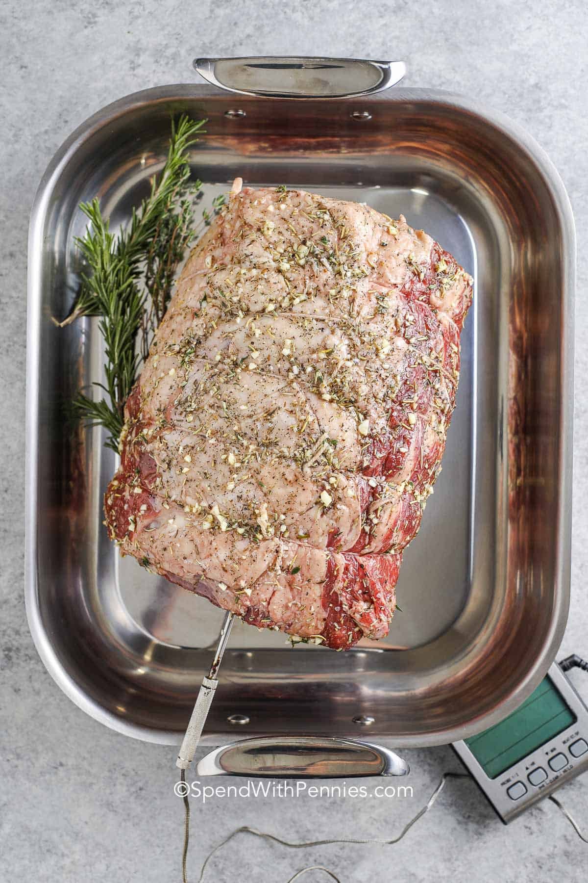 Prime Rib in the dish with seasonings before cooking