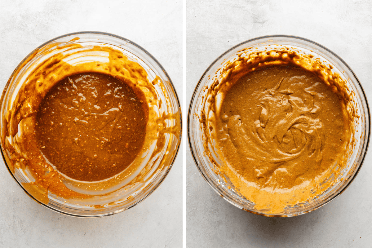 A side by side comparison of a batter made incorrectly without whipping the butter vs a correctly made batter.